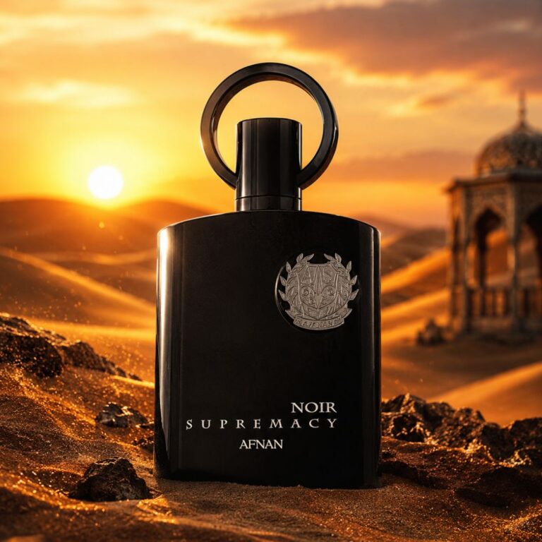 Supremacy Noir EDP by Afnan featuring spruce, bergamot, violet, pine tree, leather, lavender, patchouli, and labdanum.