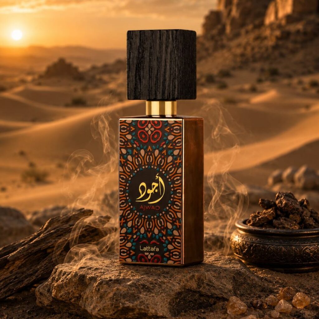 Lattafa Ajwad EDP vanilla amber perfume featuring jasmine, rose, cedarwood, musk, and vanilla.