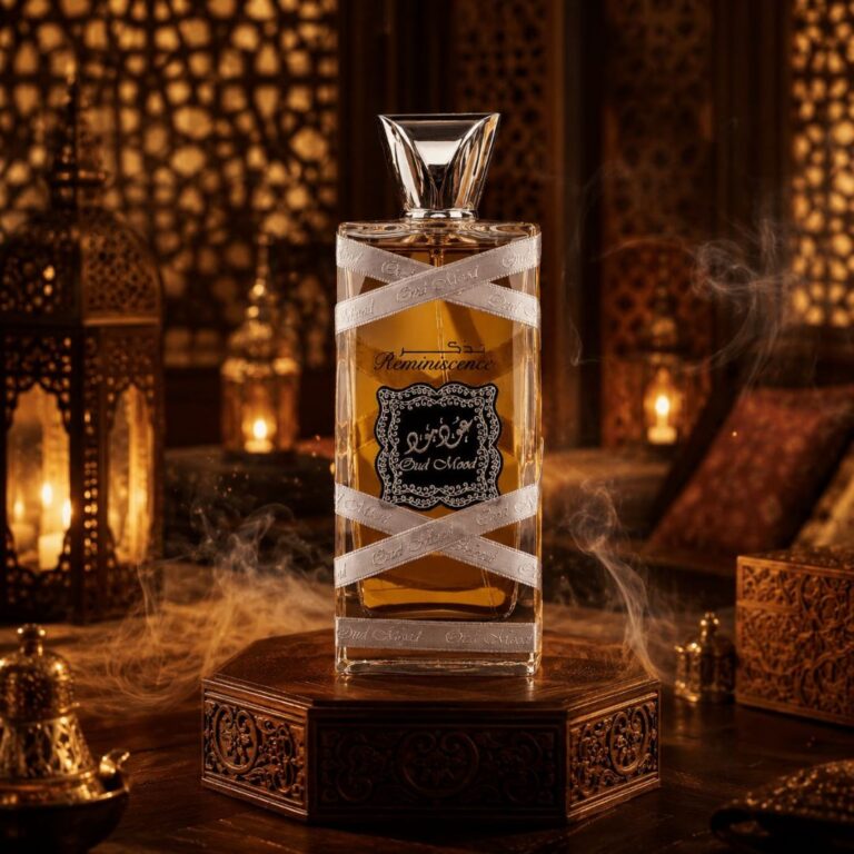 Lattafa Oud Mood Reminiscence Eau de Parfum featuring woody oriental fragrance notes.