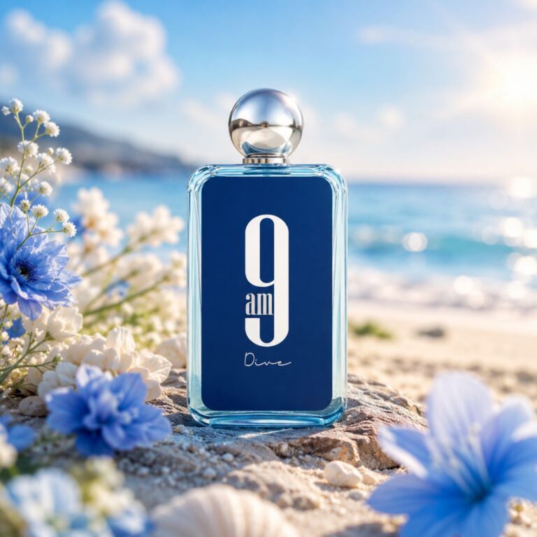 Luxury Afnan 9AM Dive perfume bottle on wet rocks with crystal-clear water splashes and natural waterfall backdrop.
