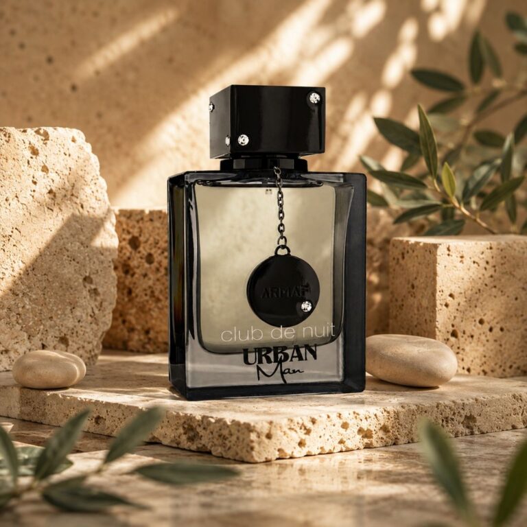 Club De Nuit Urban Man Eau de Parfum 105ML by Armaf bottle and box displayed on a premium outdoor stone setting with warm natural sunlight and a luxury coastal background.