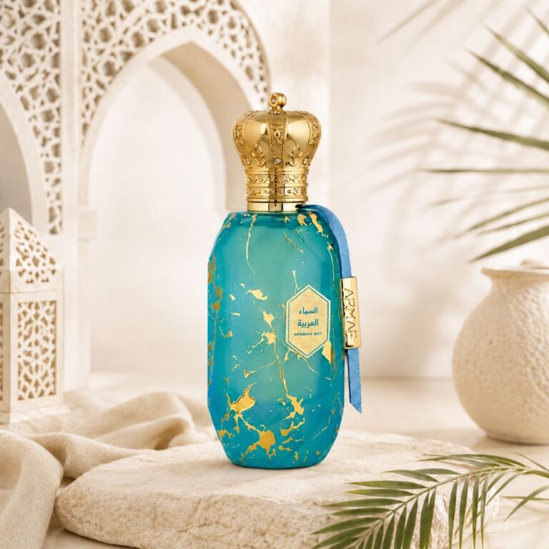Arabian Sky Eau de Parfum by Armaf turquoise perfume bottle with gold crown cap displayed in a premium Arabic-inspired luxury background.