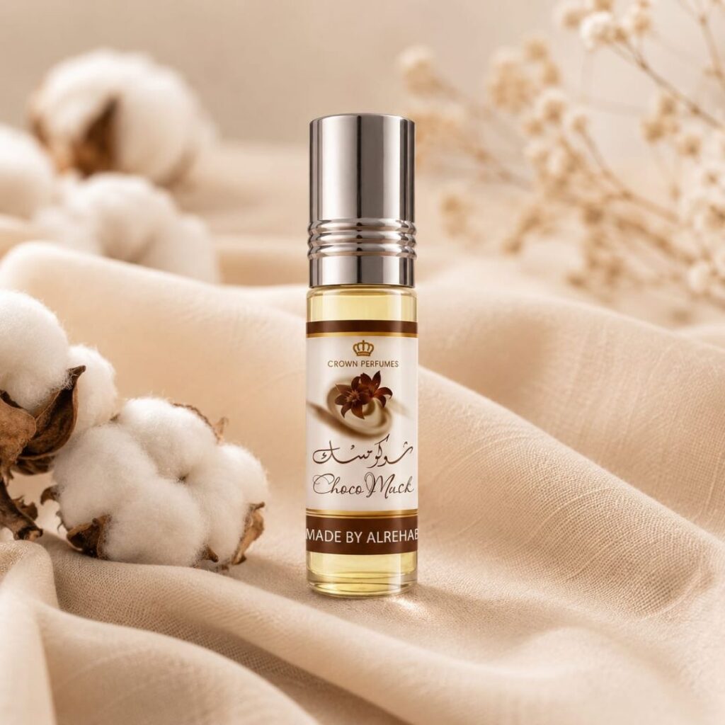 Choco Musk Perfume Oil featuring warm spices, amber, vanilla, chocolate, cocoa, and white musk.